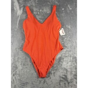Jessica Simpson Orange Ribbed V-Neck One Piece Swimsuit XL NWT High Cut Scoop